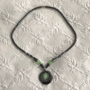 Black Gray hematite jade green silver ball vintage necklace - Mint Condition